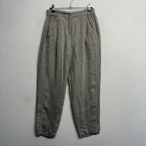 Poetry 4 100% Linen Pants Cropped 25" Inseam Heathered Gray Pockets Pleated - Picture 1 of 8
